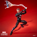 Marvel Legends Series Spider-Man action figure posed mid-action with a web-shooter, set against a solid red background with Marvel Legends Series branding.
