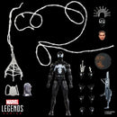 Marvel Legends Series Spiderman action figure set displayed on a black background with multiple accessories and alternate parts arranged around the figure, including a spider emblem, helmet, faceplates, hands, weapons, and a web outline. Visible branding includes Marvel and Marvel Legends Series.