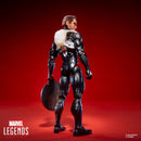 Marvel Legends Spiderman action figure shown from the back holding a shield, set against a dark red studio background with Marvel Legends logo.