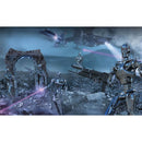 Science fiction scene with robots and spacecraft on a barren landscape