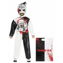 Ben Cooper Art the Clown Halloween costume with a mask and outfit, featuring black, white, and red colors, on a white background.