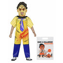 Halloween-themed Texas Chainsaw Ben cooper action figure with a yellow jumpsuit and blue pants, standing next to its packaging.