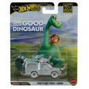 Hot Wheels toy figure of a dinosaur and child on a Pizza Planet truck in packaging