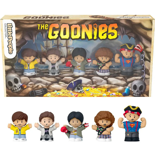 Box of 'The Goonies' Little People figures with characters and skull design.