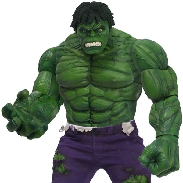 Green Hulk figure with purple pants on a white background