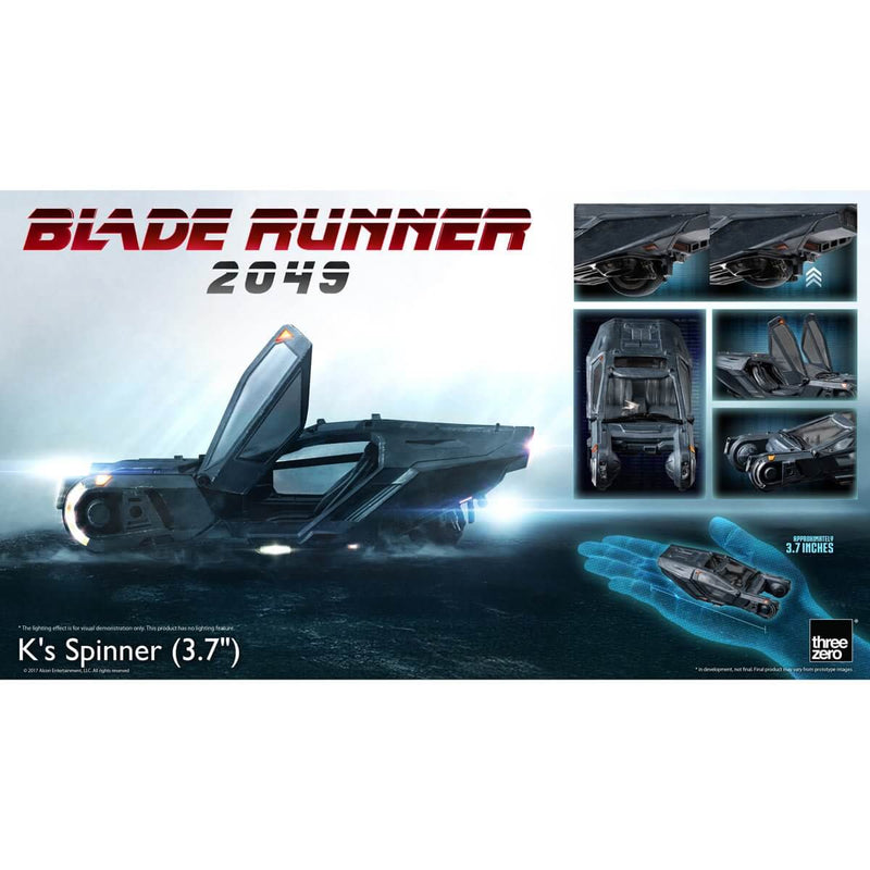 Blade Runner 2049 K's Spinner model kit with detailed views and Threezero branding.