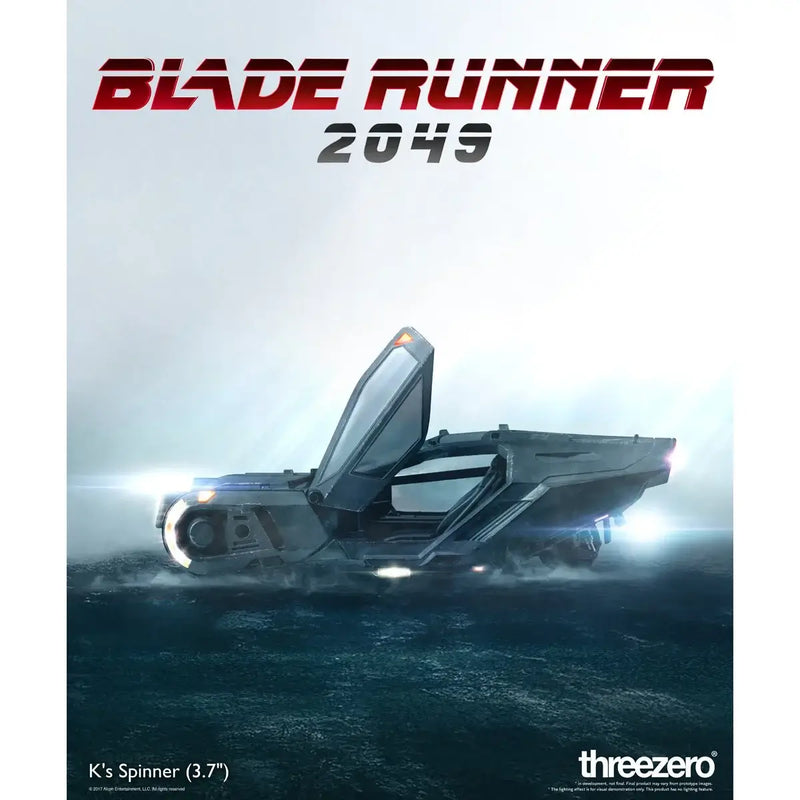 Promotional image of a futuristic vehicle with 'Blade Runner 2049' branding and 'threezero' logo.