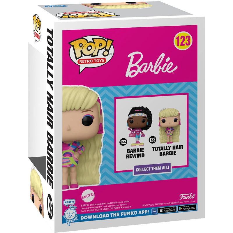 Funko Pop! packaging for Barbie retro toys featuring Totally Hair Barbie and Rewind Barbie.