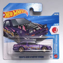 Hot Wheels Mattel Toyota AEB6 Sprinter Trueno die-cast toy car in its original blister packaging. The packaging features a blue background with a graphic of the purple car, and the Hot Wheels and Mattel logos are visible.