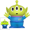 Green alien toy figure with blue pants and space-themed design on a white background