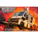 AMT Twisted Metal Sweet Tooth Ice Cream Van model kit box art, featuring a 1/25 scale model kit of a dirty cream-colored ice cream van with orange polka dots and a clown character on top, set against a fiery red and orange background.