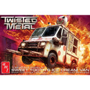 Twisted Metal Sweet Tooth's Ice Cream Van 1/25 scale model kit box art, featuring a white ice cream van with red polka dots and a clown head on top, flying over flames with the Twisted Metal logo.