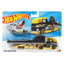 Hot Wheels Super Trucks Two-Lane Ramtop toy truck in its original blister card packaging, featuring a yellow and black semi-truck with flame decals and a small matching race car.