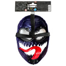Venom mask with red tongue and black straps on a white background