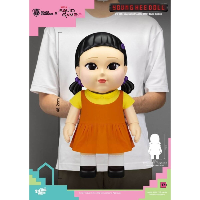 Young Hee Doll and Coin Bank (Squid Game) SYAKING-BANG, showing measurements