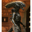 A detailed collectible figure of an Alien Xenomorph shown in a side profile, featuring dark metallic black and bronze armor with a large curved head and sharp teeth, set against a warm, blurred sci-fi background.