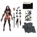 A NECA Elite Edition Witchblade action figure shown with multiple accessories and parts on a plain white background, including interchangeable heads, weapons, a black points card, a Witchblade card, and black terrain pieces.