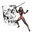 A comic-style female action figure posed dynamically with a sword, shown next to a large black-and-white comic illustration panel on a plain white background.