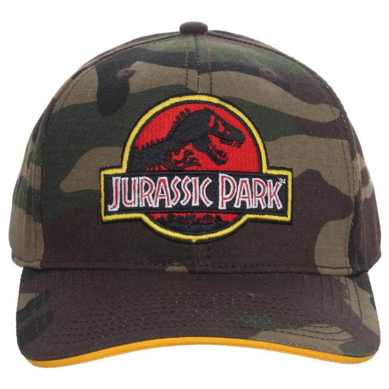 Bioworld Jurassic Park Logo Camo Curved Bill Snapback Hat/Cap front view