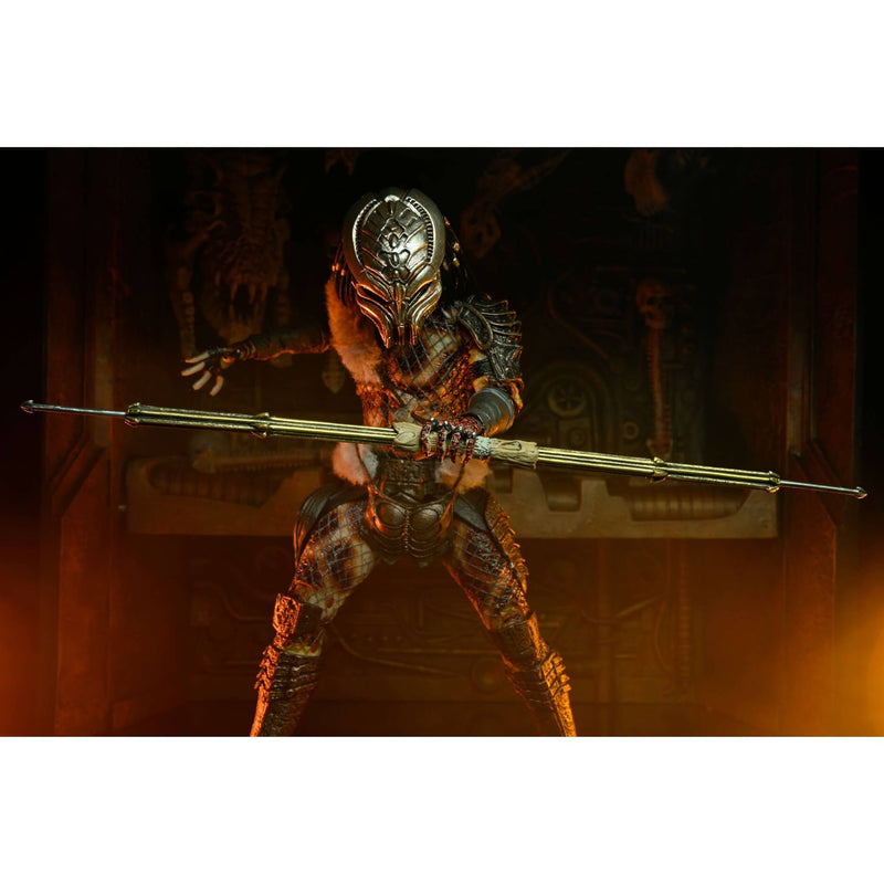 NECA Predator 2 Ultimate Snake Predator (30th Ann.) 7” Scale Action Figure, frontal closeup holding spear in battle stance