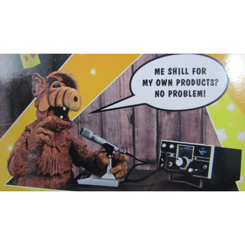 NECA Ultimate Alf (Alien Life Form) 7″ Scale Action Figure, closeup of back of packaging (Alf speaking into microphone, "Me Shill For My Own Products? No Problem!")