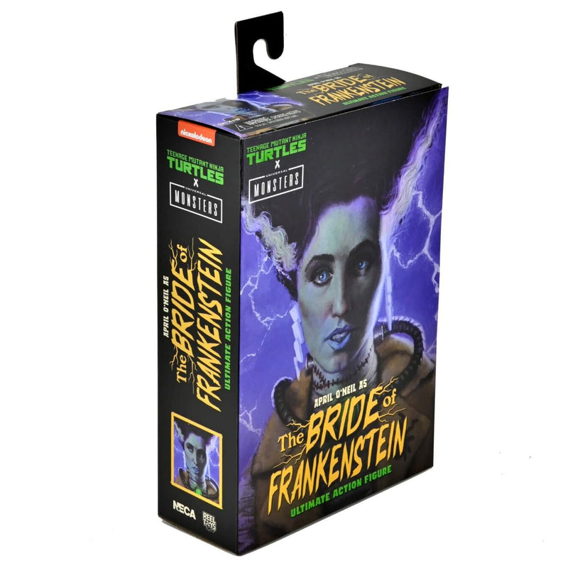 NECA Teenage Mutant Ninja Turtles X Universal Monsters Ultimate April as The Bride of Frankenstein 7” Scale Action Figure, packaging left side