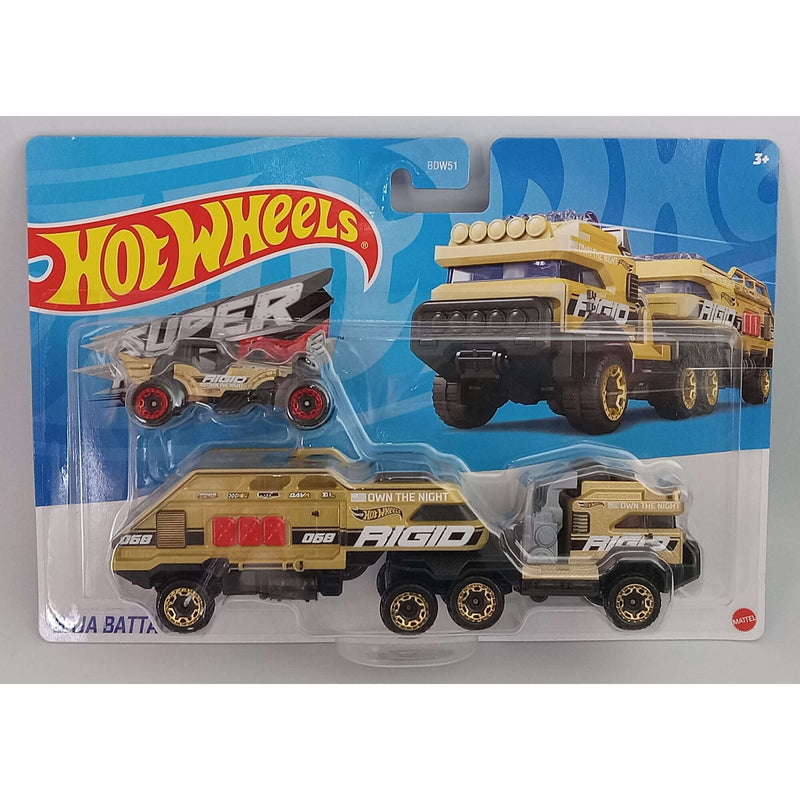 Hot Wheels 2023 Super Rigs (Mix 3) 1:64 Scale Die-cast Hauler and Vehicle Set, Baja Battalion