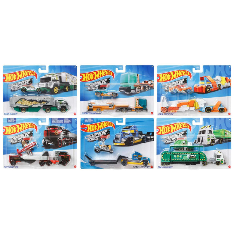 Hot Wheels 2023 Super Rigs (Mix 1) 1:64 Scale Die-cast Hauler and Vehicle Set, bundle of all 6