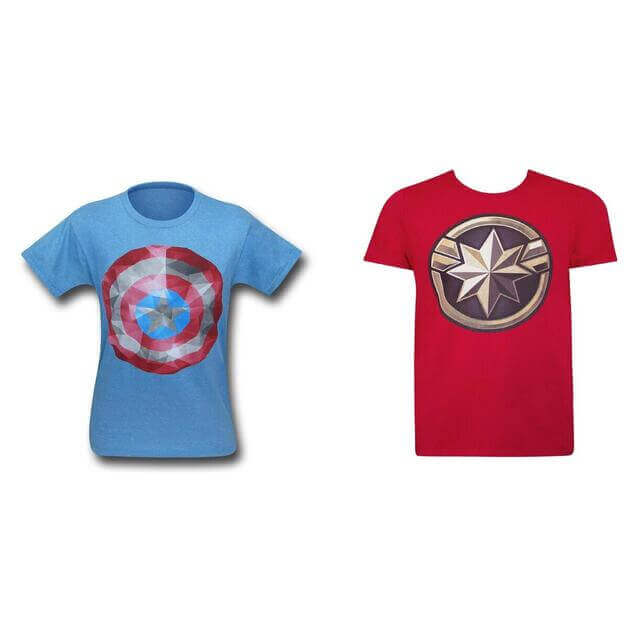 2 Marvel T-Shirts, Captain America Crystal Shield and Captain Marvel Movie Logo Men's Size Medium