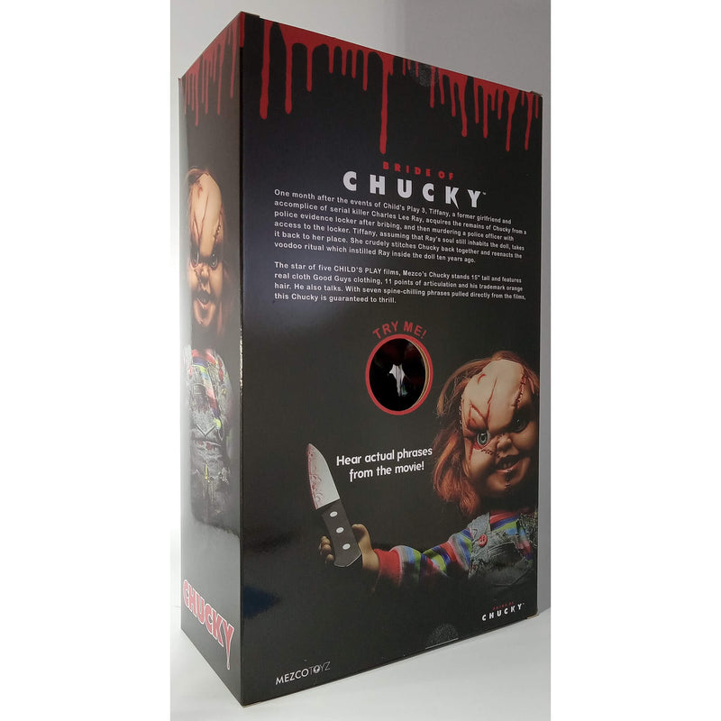 Mezco Toyz Child's Play, Chucky (Bride of Chucky) Talking Mega-Scale 15" Doll, Back of Package
