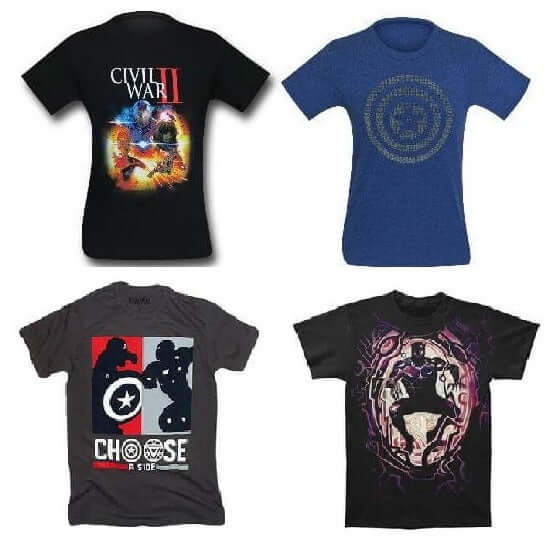 4 Marvel T-Shirts, Captain America Civil War, Marvel Civil War, Civil War II, Black Panther (Men's Small)