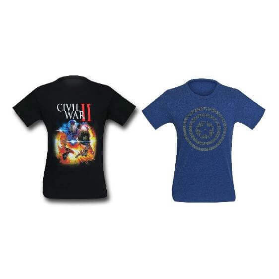 2 Marvel T-Shirts, Captain America Civil War 3D Shield and Civil War II Cover Men's Size Small