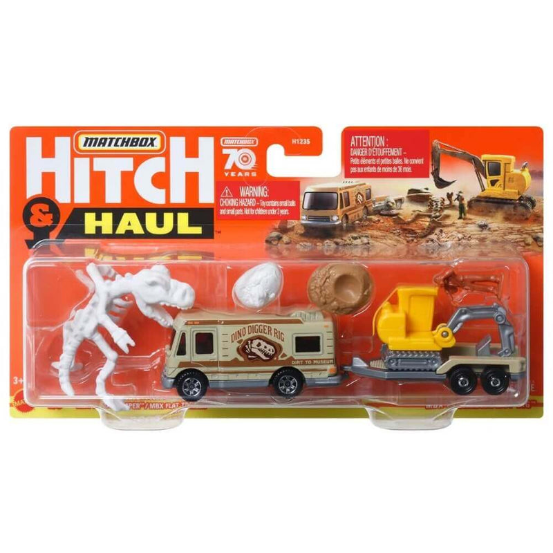 Matchbox 2023 Hitch 'N Haul (Wave 1) 1:64 Scale Diecast Vehicles, Dino Digger Rig