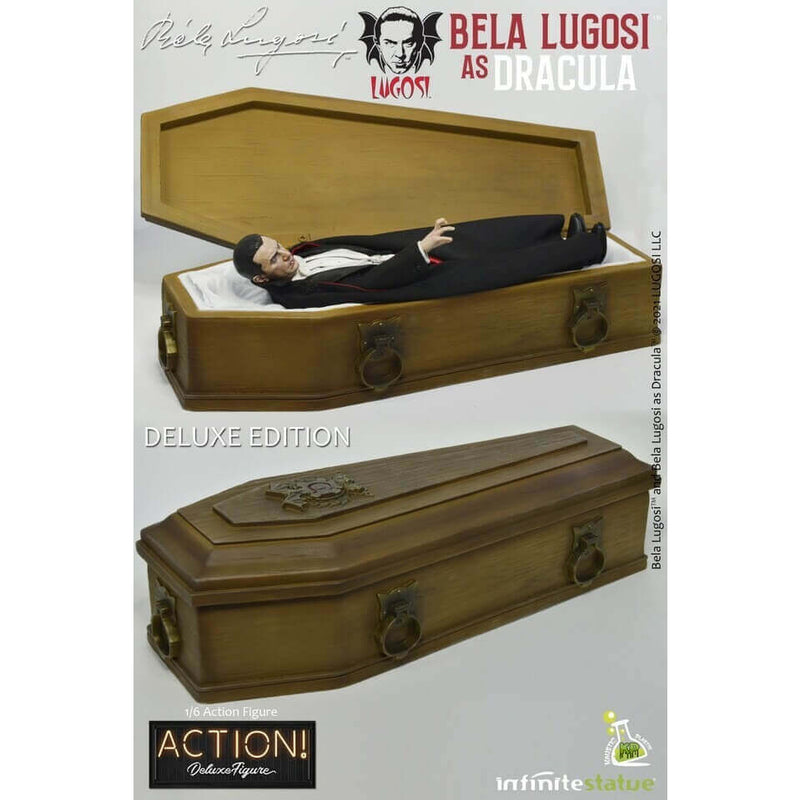 Infinite Statue X Kaustic Plastik Bela Lugosi as Dracula Deluxe 1/6 12" Action Figure Set, open and closed coffin
