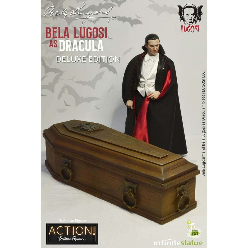 Infinite Statue X Kaustic Plastik Bela Lugosi as Dracula Deluxe 1/6 12" Action Figure Set, Dracula standing next to coffin