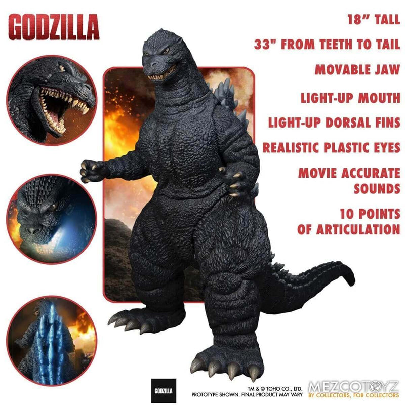 Mezco Toyz Ultimate Godzilla with Light and Sound 18-Inch Mega-Scale Figure, promo image explaining features