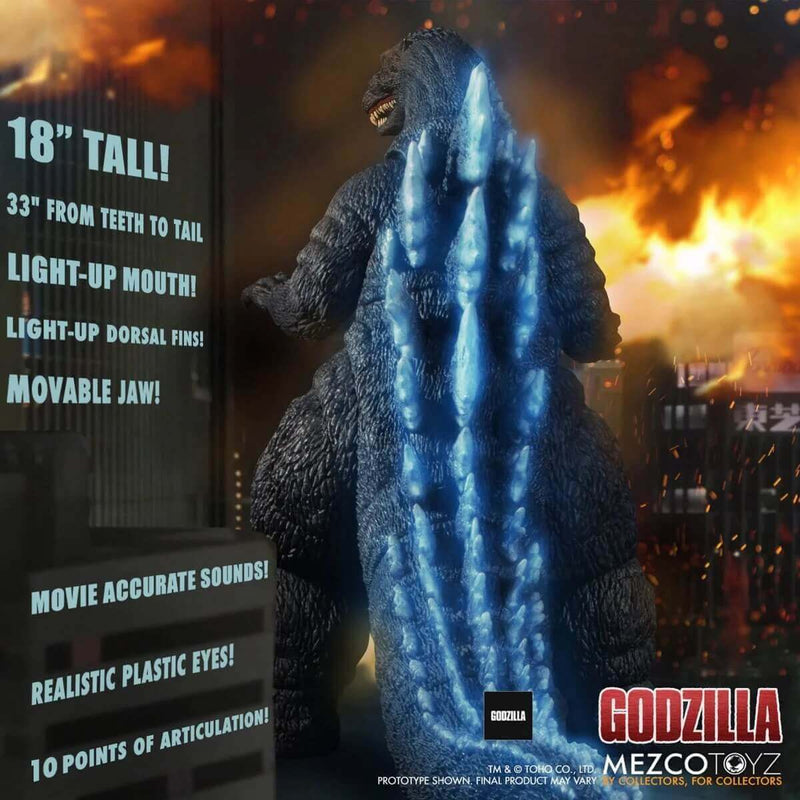 Mezco Toyz Ultimate Godzilla with Light and Sound 18-Inch Mega-Scale Figure, rear view with light-up fins and specifications lifted on the left