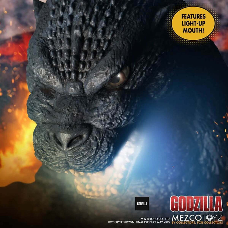 Mezco Toyz Ultimate Godzilla with Light and Sound 18-Inch Mega-Scale Figure, closeup of face with light-up mouth