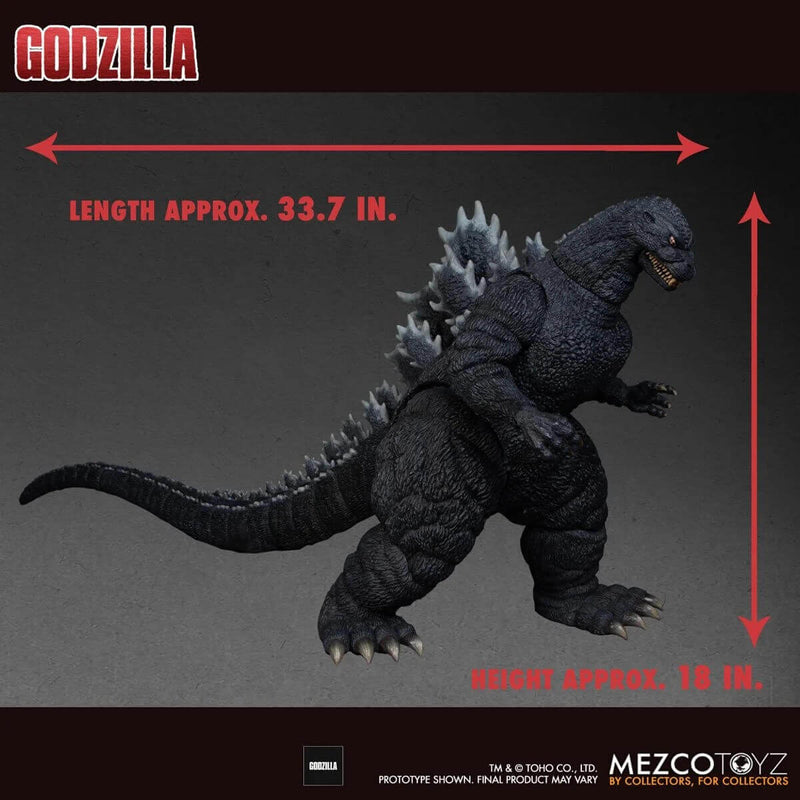 Mezco Toyz Ultimate Godzilla with Light and Sound 18-Inch Mega-Scale Figure, showing height and length