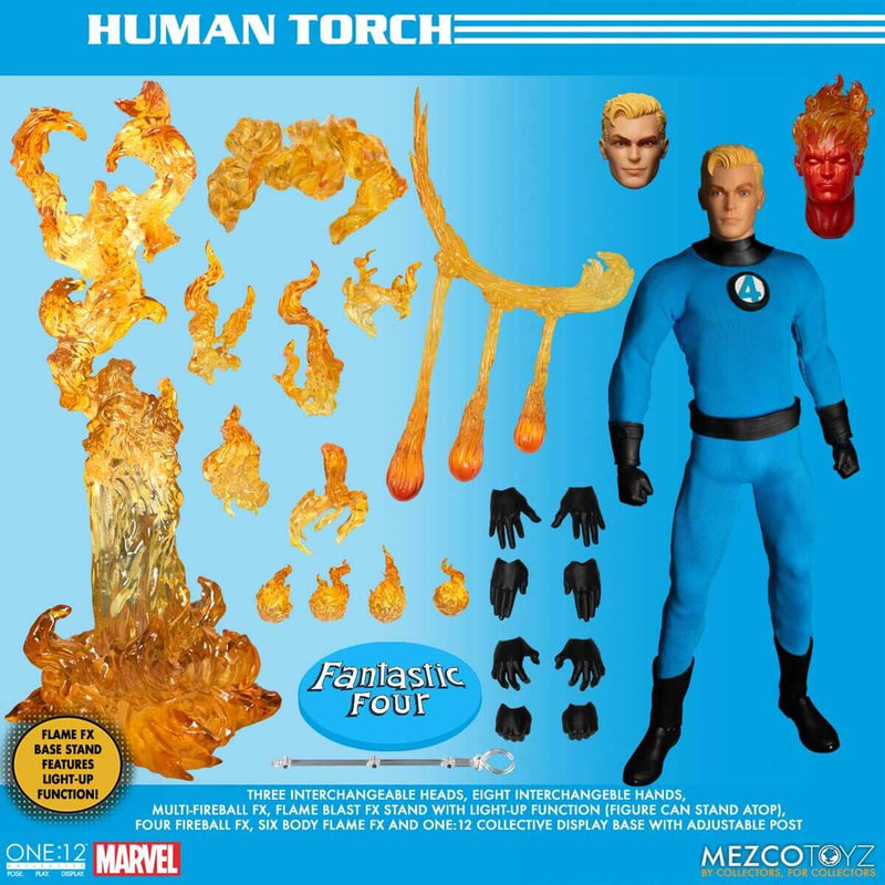 Mezco Toyz Fantastic Four One:12 Collective Deluxe Steel Boxed Set, Human Torch with accessories displayed.