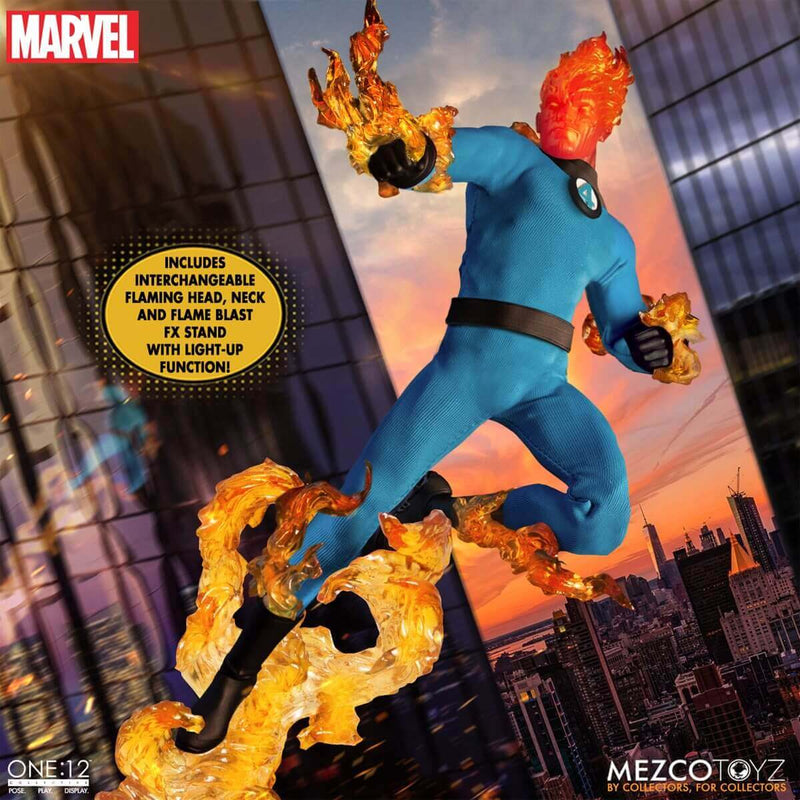 Mezco Toyz Fantastic Four One:12 Collective Deluxe Steel Boxed Set, Human Torch in flight pose with city diorama.