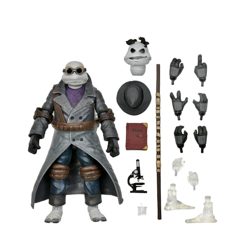 NECA Universal Monsters x Teenage Mutant Ninja Turtles Ultimate Donatello as The Invisible Man 7″ Scale Action Figure, fully displayed along with accessories