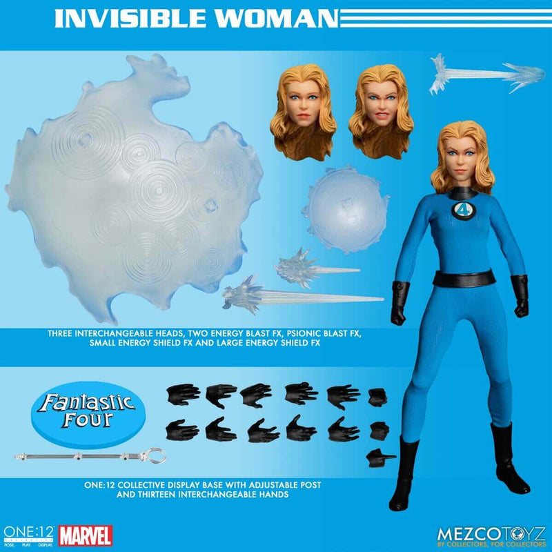 Mezco Toyz Fantastic Four One:12 Collective Deluxe Steel Boxed Set, Invisible Woman with accessories displayed.