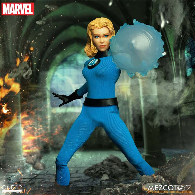Mezco Toyz Fantastic Four One:12 Collective Deluxe Steel Boxed Set, Invisible Woman using small shield accessory.