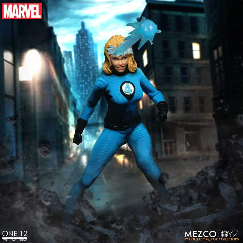 Mezco Toyz Fantastic Four One:12 Collective Deluxe Steel Boxed Set, Invisible Woman using psionic blast effect accessory.