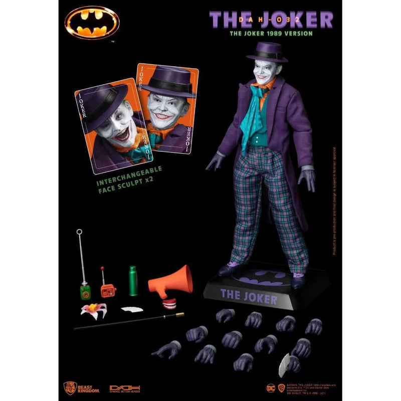 Batman 1989 The Joker (Jack Nicholson) DAH-056 Dynamic 8-Ction 8" Action Figure, showing figure and accessories