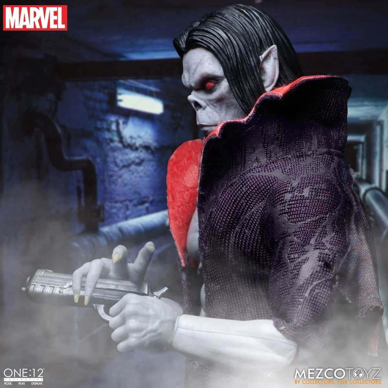 Mezco Toyz Marvel's Morbius, The Living Vampire One:12 Collective 6 1/2 Inch Action Figure closeup side view with pistol