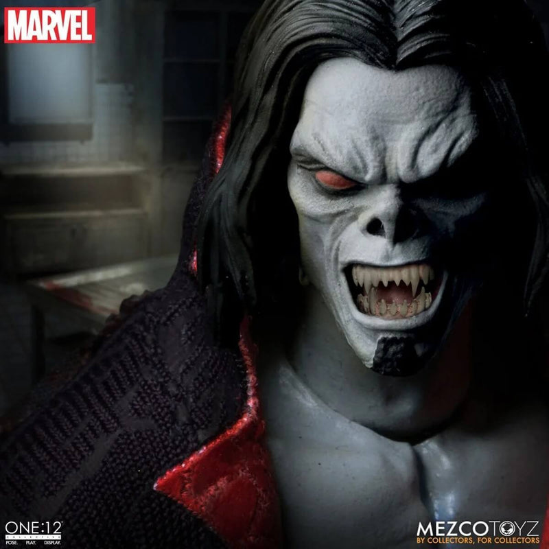 Mezco Toyz Marvel's Morbius, The Living Vampire One:12 Collective 6 1/2 Inch Action Figure face closeup