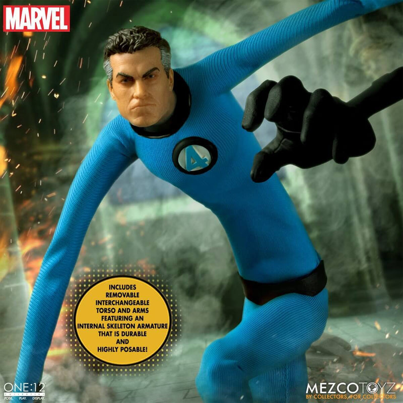 Mezco Toyz Fantastic Four One:12 Collective Deluxe Steel Boxed Set, with stretched torso and arms.