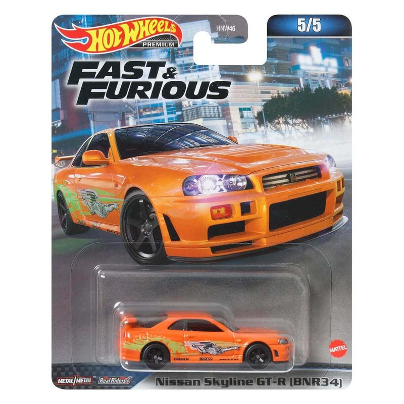 Hot Wheels Premium 2023 Fast and Furious Series (Mix 1) 1:64 Scale Diecast Cars, Nissan Skyline GT-R (BNR34)